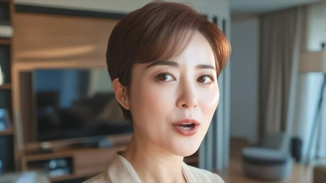 A 40 year old woman with a short hairstyle takes a selfie in the living room