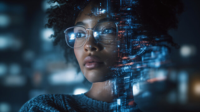 Woman with digital data visualization overlay representing AI technology
