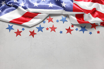 Composition with national flag of America and stars on grunge background. Independence Day...