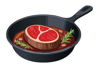 Raw Steak with Herb in Pan - Vector Illustration
