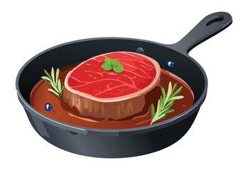 Raw Steak with Rosemary in Frying Pan - Vector Illustration