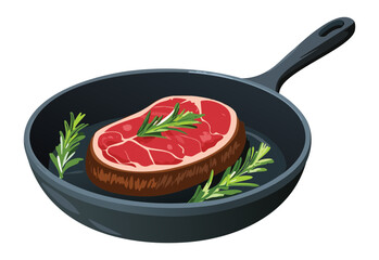 Raw Steak with Rosemary in Cast Iron Pan - Vector Illustration