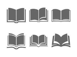Flat solid book vector icons set. Open books and education symbols in glyph style. Pixel-perfect illustrations for mobile apps, websites, study tools, and school design concepts.