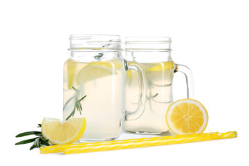 Glass mason jars with fresh lemonade and straws on white background