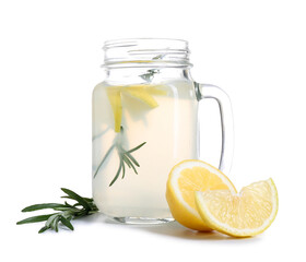 Mason jar with fresh lemonade isolated on white background