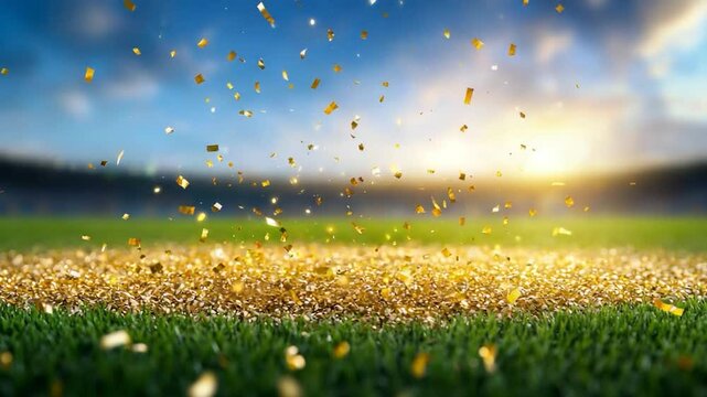 Golden Celebration: Confetti Rain Over Green Field