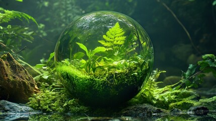 A glass orb holds a miniature green ecosystem within a forest
