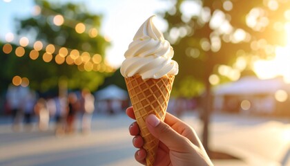 Ice cream in hand. Vanilla ice cream in waffle cone. Holding ice cream. Street and ice cream.  Eating ice cream in street. 