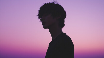 silhouette of a boy, sunset landscape, boy standing outdoors
