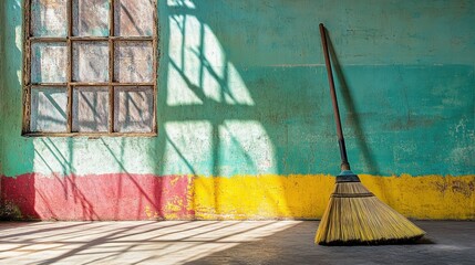 A broom leans against a colorful wall next to a window