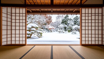 雪見障子と雪景色の和の空間