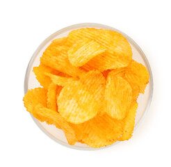 Tasty ridged chips in bowl isolated on white, top view