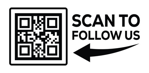 Obraz premium Minimalist black and white social media QR code graphic. Code framed in black square on left. Bold 