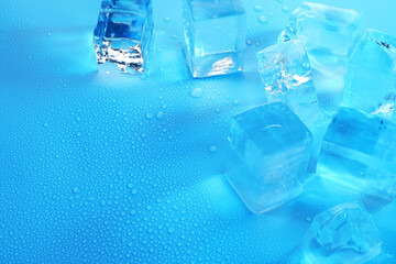 Cubes of clear ice on light blue background, closeup. Space for text