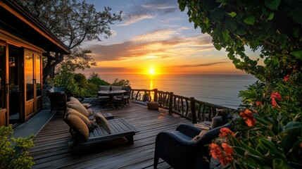Fototapeta premium A beautiful sunset over ocean from a wooden deck perspective
