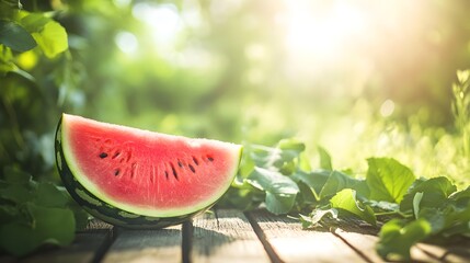 Fresh Sliced Watermelon on Wooden Surface in Garden &ndash; Juicy Summer Fruit Outdoors