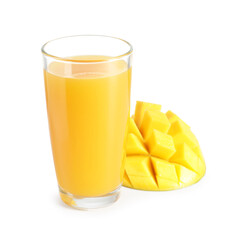 Tasty mango juice in glass and fresh fruit isolated on white
