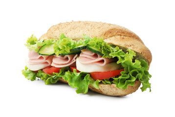 Tasty baguette sandwich with ham and vegetables isolated on white