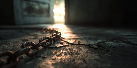 Chains lying on a cracked floor with light spilling through an open doorway in an abandoned building at dusk