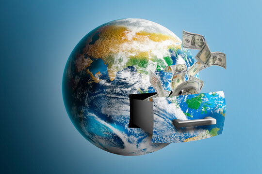 Money exchange concept. Dollar bills flying out drawer in planet on light blue background