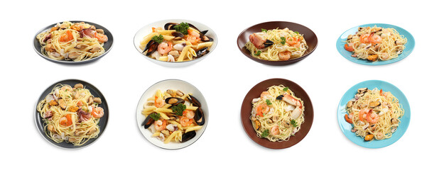 Tasty dishes with sea food isolated on white, collage. Top and side view