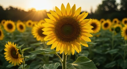 Sunflower Field Under the Golden Light of Sunset