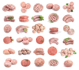 Different fresh raw meat products on white background, collage
