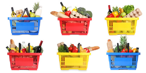 Shopping baskets with different products on white background, collage