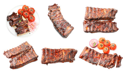 Delicious grilled ribs on white background, collage