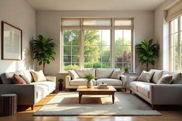 Cozy family room interior with comfortable seating, natural light streaming through large windows, and charming home decor accents creating a warm and inviting atmosphere , cozy, lamp