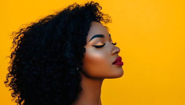 Close-up profile view of a woman with curly black hair and red lipstick.
