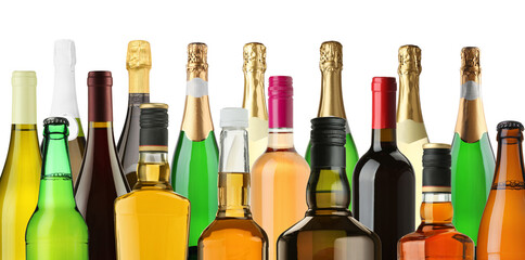 Bottles with different types of alcoholic drinks on white background, set