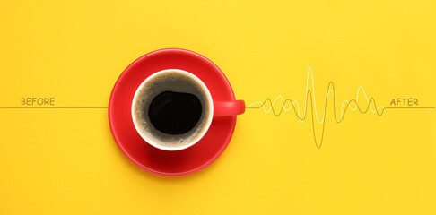 Cup of coffee and heartbeat line on yellow background, top view. Calm pulse becoming active. Invigorating properties of caffeine, healthcare