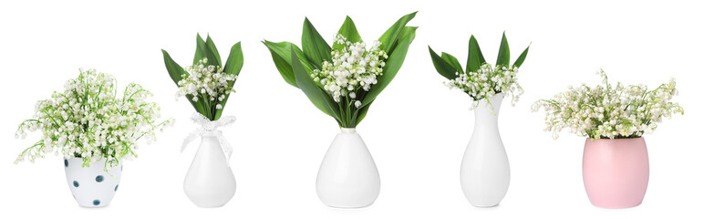 Aromatic bouquets of lily of the valley flowers in different vases isolated on white, collage