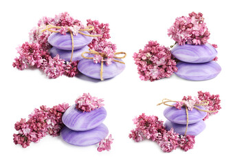Naklejka premium Soap bars and aromatic lilac flowers isolated on white, collage