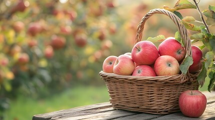 Fresh Red Apples in Wicker Basket on Rustic Wooden Table at Orchard During Golden Hour