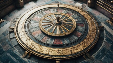 Obraz premium An ornate golden and blue wheel centered within stone structure