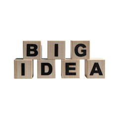Big idea spelled out with wooden blocks against a white background in a studio setting view