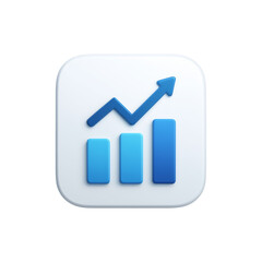A white square icon featuring a blue bar graph and an arrow pointing upwards indicating growth