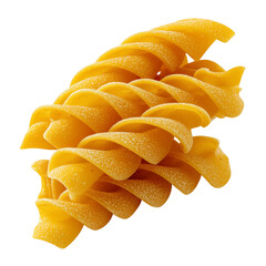 Close up view of a stack of uncooked fusilli pasta against a plain dark background in a studio shot