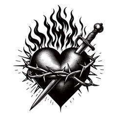 Sacred heart tattoo design with flames and dagger. Black and white heart pierced by sword surrounded by thorns and fire. Religious image for body art inspiration and tattoo design.
