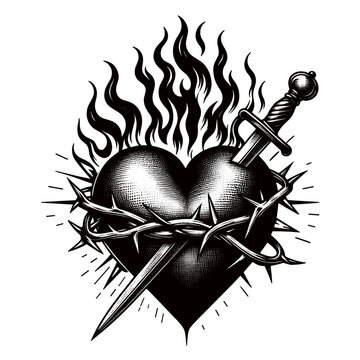 Sacred heart tattoo design with flames and dagger. Black and white heart pierced by sword surrounded by thorns and fire. Religious image for body art inspiration and tattoo design.