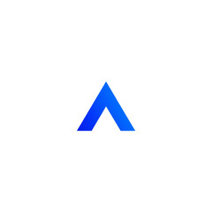 A blue gradient triangle pointing upwards isolated against a plain white background in simple illustration