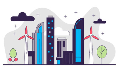 A futuristic cityscape features modern buildings alongside wind turbines and trees, symbolizing sustainable urban development.