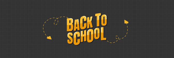 Back to school horizontal banner with handwritten elements in doodle style as frame around. Dark black chalkboard and checkered paper on background. Vector illustration for ad, billboard, layout