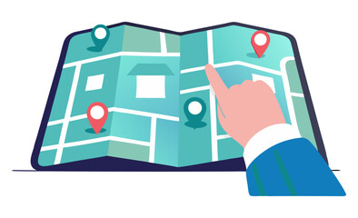 A hand interacts with a folded map, marked with location pins, indicating navigation or discovery.