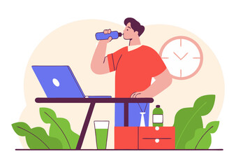 A person stands at a desk, drinking from a bottle while working on a laptop, promoting a healthy and hydrated workspace.