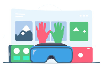 An illustration depicting virtual reality, featuring a blue VR headset in the foreground, with red and green screens on either side, and a large display in the background showing two hands