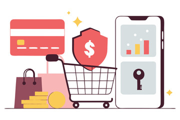A vibrant flat-design illustration of a smartphone and a credit card with shopping bags, coins, a shopping cart, and a shield icon, symbolizing secure online shopping, e-commerce, or digital finance.