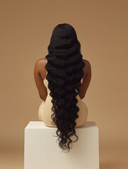 Black Woman with Extra Long Loose Deep Wave Hair &ndash; Back View Studio Shot on Neutral Background

